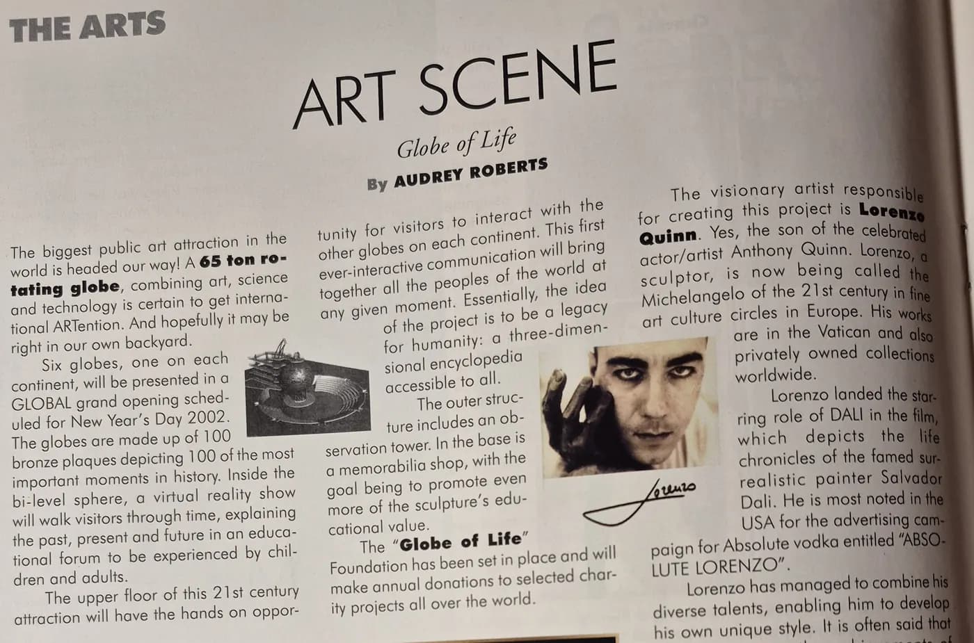 A printed magazine page: ART SCENE, Globe of Life, by Audrey Roberts, with a portrait of the sculptor and a rendering of the globe structure.