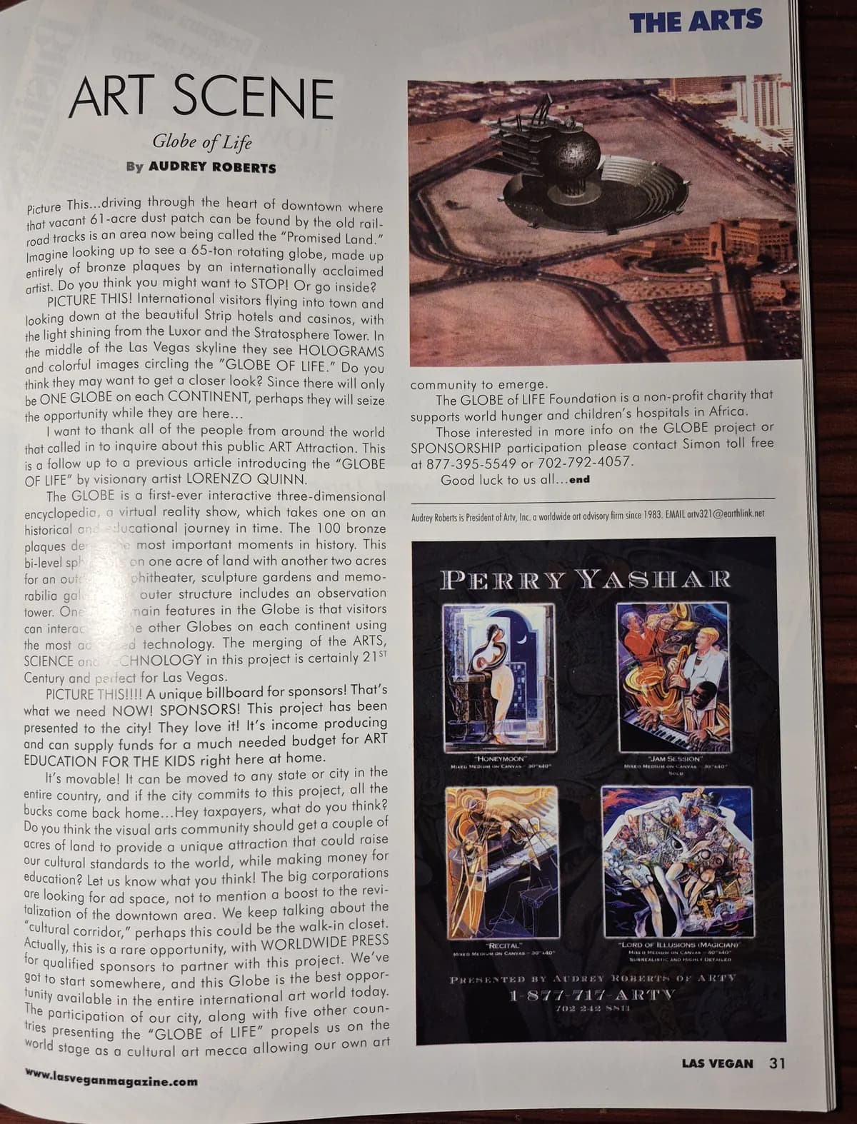 A printed magazine page: the follow-up article, carrying an aerial rendering of the globe on a vacant lot in downtown Las Vegas.