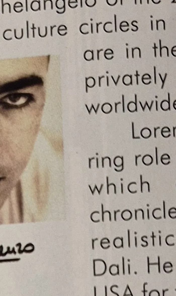A portrait of the sculptor Lorenzo Quinn as printed in Las Vegan Magazine, with his signature reproduced beneath it.